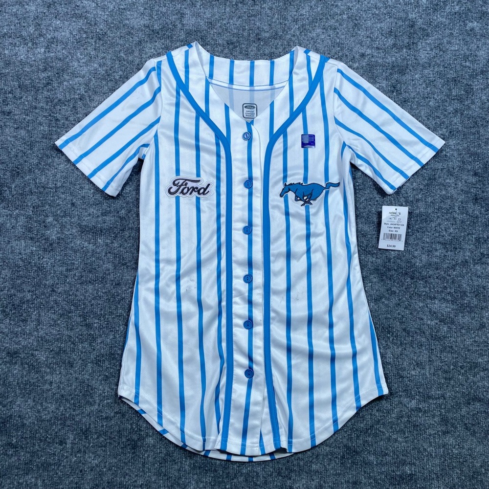 Ford Mustang Baseball Jersey White Blue Pinstripe 64 Juniors XS J4434FRD1329